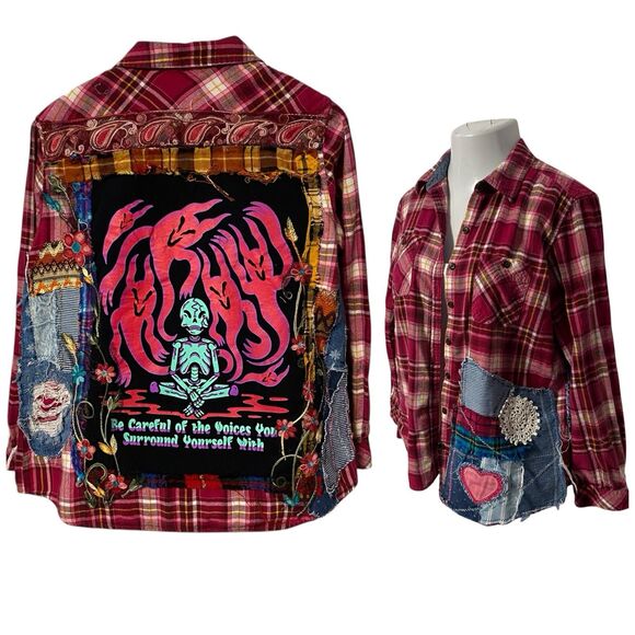 Upcycled Flannel Shirt Womens Sz Large Shacket Halloween Grunge Camp Rock - Picture 6 of 13